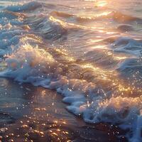 ai generato vicino su onde foto. brillare tramonto su il spiaggia. alta risoluzione. ai generativo foto