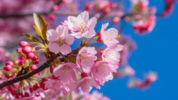 ai generato Immagine ciliegia fiorire albero macro dettaglio con rosa blu sfondo foto