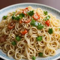 ai generato un' piatto di tagliatelle con verdure e erbe aromatiche su esso foto