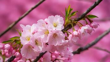 ai generato rosa sakura fiori creare un' sbalorditivo scena contro rosa tonalità foto