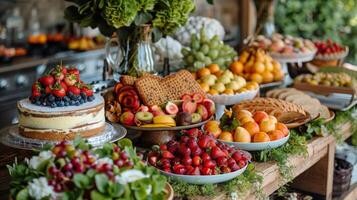 ai generato diverso diffusione di cibo su tavolo foto