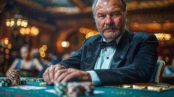 ai generato uomo nel smoking seduta a poker tavolo foto