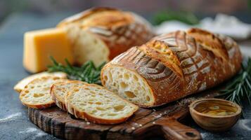 ai generato pane, formaggio, e pane fette su un' tavolo foto