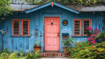 ai generato blu Casa con rosso e rosa porta foto