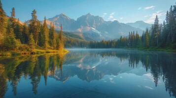 ai generato lago circondato di alberi e montagne foto