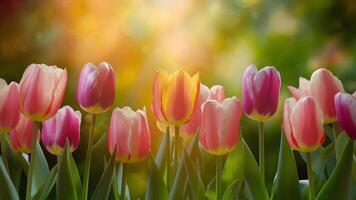 ai generato luminosa primavera tulipani creare floreale sfondo con travolgente bokeh foto