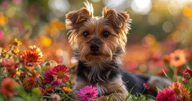 ai generato piccolo cane seduta nel campo di fiori foto