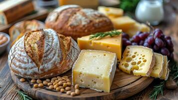 ai generato pane, formaggio, e pane fette su un' tavolo foto