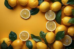 ai generato gruppo di arance con le foglie su giallo sfondo foto