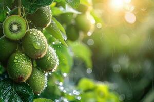 ai generato affettato Kiwi con acqua goccioline su un' verde superficie foto