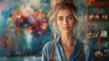 ai generato donna pittura fiori su tela foto