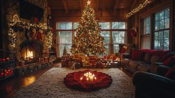 ai generato festivo vivente camera con Natale albero foto