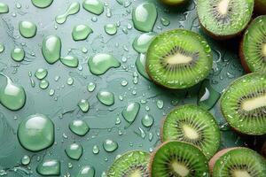 ai generato affettato Kiwi con acqua goccioline su un' verde superficie foto