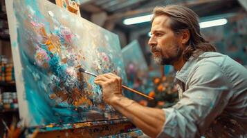 ai generato uomo pittura fiori su tela foto