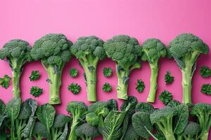 ai generato riga di broccoli teste su rosa sfondo foto