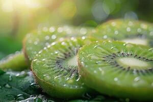 ai generato affettato Kiwi con acqua goccioline su un' verde superficie foto