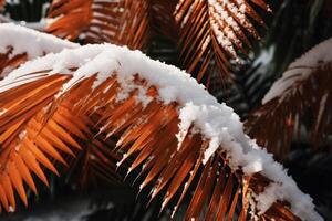 ai generato delicato palma le foglie davanti neve inverno. creare ai foto