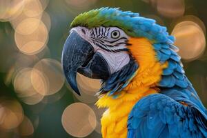 ai generato blu e giallo pappagallo con sfocato sfondo foto