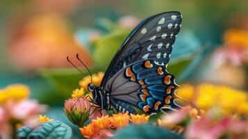 ai generato farfalla riposo su fiore petalo foto