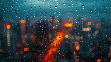 ai generato pioggia gocce su il finestra di un' auto a notte foto