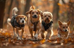 ai generato cinque cani a piedi nel il parco foto