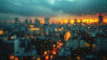 ai generato pioggia gocce su il finestra di un' auto a notte foto