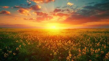 ai generato un' bellissimo campo con fioritura colza a tramonto. Là siamo colza fiori sotto e verde erba su superiore di il sole foto