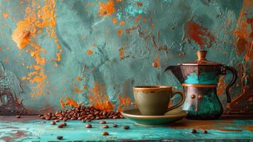 ai generato caffè pentola e tazza di caffè pittura foto