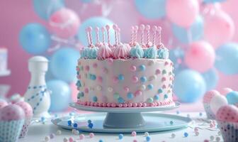 ai generato un' colorato compleanno torta con palloncini è nel il sfondo foto