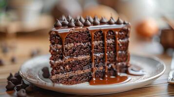 ai generato fetta di cioccolato torta sfondo foto