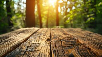 ai generato vuoto di legno tavolo con giardino sfondo foto