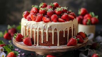 ai generato bianca torta con fragola guarnizione sfondo foto