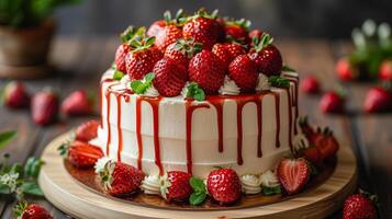 ai generato bianca torta con fragola guarnizione sfondo foto