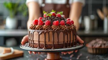 ai generato cioccolato torta con capocuoco mano sfondo foto