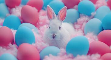 ai generato un' bianca coniglio è in piedi nel un' folla di rosa e blu uova foto