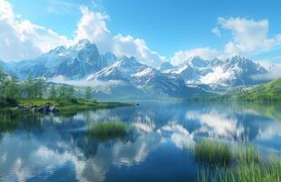 ai generato un' lago con montagna picchi e erba riflessa nel esso foto
