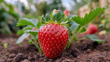 ai generato vicino su di un' fragola su il terra foto