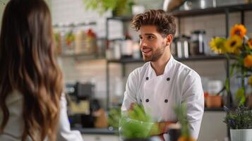 ai generato capocuoco nel uniforme parlando per donna nel cucina foto