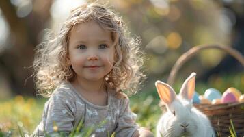 ai generato bambino con coniglietto e Pasqua uova foto