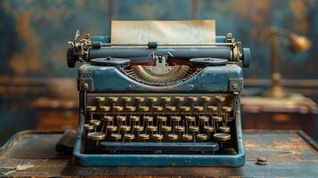 ai generato Vintage ▾ blu macchina da scrivere su di legno tavolo foto
