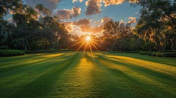 ai generato sole splendente attraverso alberi nel parco foto