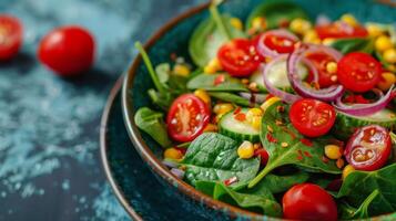 ai generato fresco insalata ciotola con pomodori, Mais, e spinaci foto