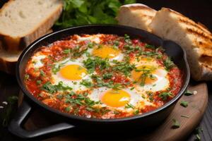 ai generato riscaldamento shakshuka nel frittura padella. creare ai foto