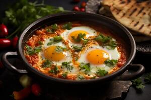 ai generato speziato Shakshuka Arabo. creare ai foto