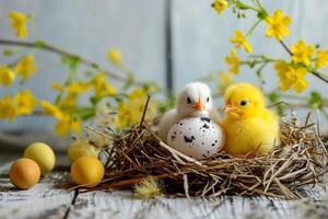 ai generato Due pulcini, uno accanto un' maculato uovo nel un' nido, con giallo fioriture fornire un' affascinante Pasqua vignetta. soddisfare di primavera feste o educativo materiale su della natura cicli. foto