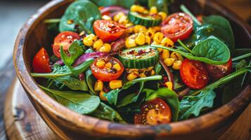 ai generato fresco insalata ciotola con pomodori, Mais, e spinaci foto