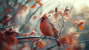 ai generato rosso uccello arroccato su albero ramo foto
