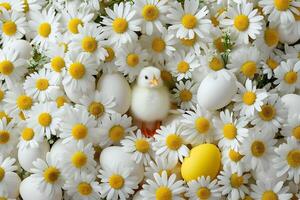 ai generato un' Pasqua sfondo con bianca e giallo margherite, uova e un' piccolo pulcino nel il mezzo, un' celebrazione a tema sfondo, natura e animali selvatici. foto