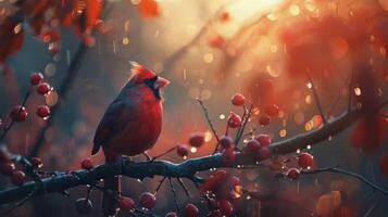 ai generato rosso uccello arroccato su albero ramo foto