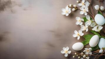 ai generato Pasqua sfondo con uova e primavera fiori, superiore Visualizza. foto